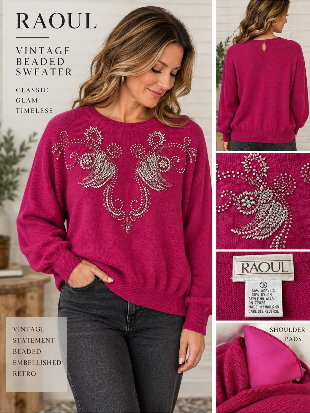 Vintage Raoul 1X Fuchsia Beaded Sweater Rhinestone Statement Knit
